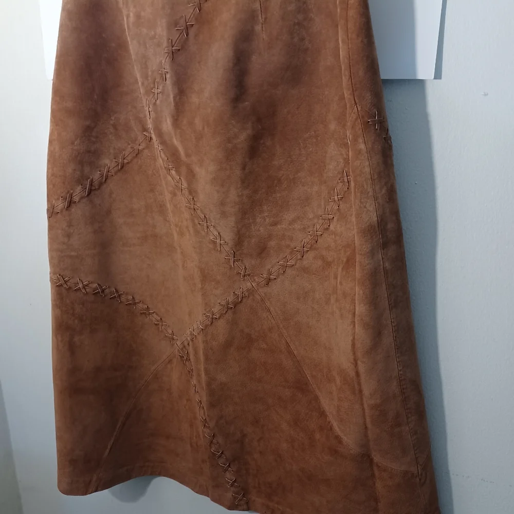 Vintage Faded Glory Brown Suede Midi Skirt With X Design Zip-Up Closure Side 12 - Picture 6 of 11